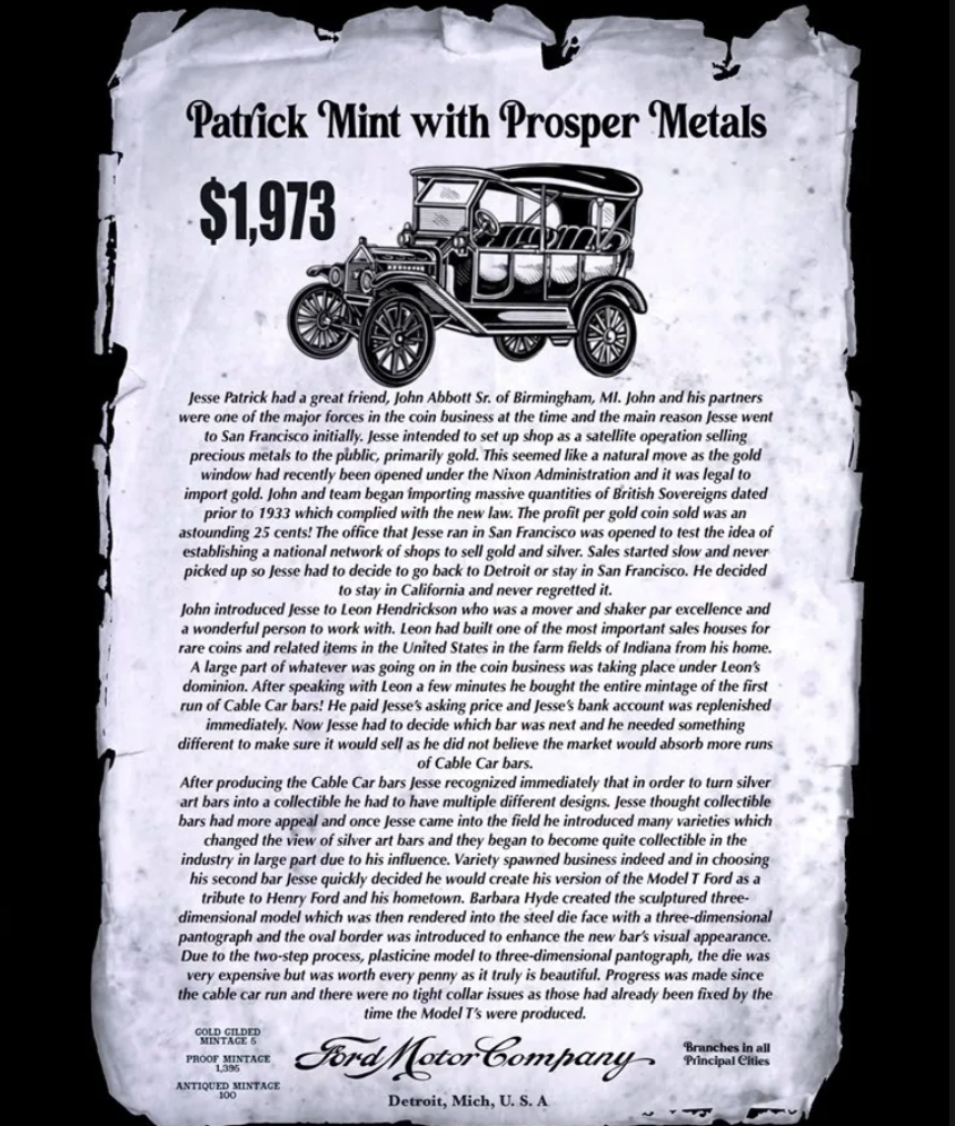Model T Proof-Like Patrick Mint Prosper Metals 50th Anniversary 1oz Proof Bar