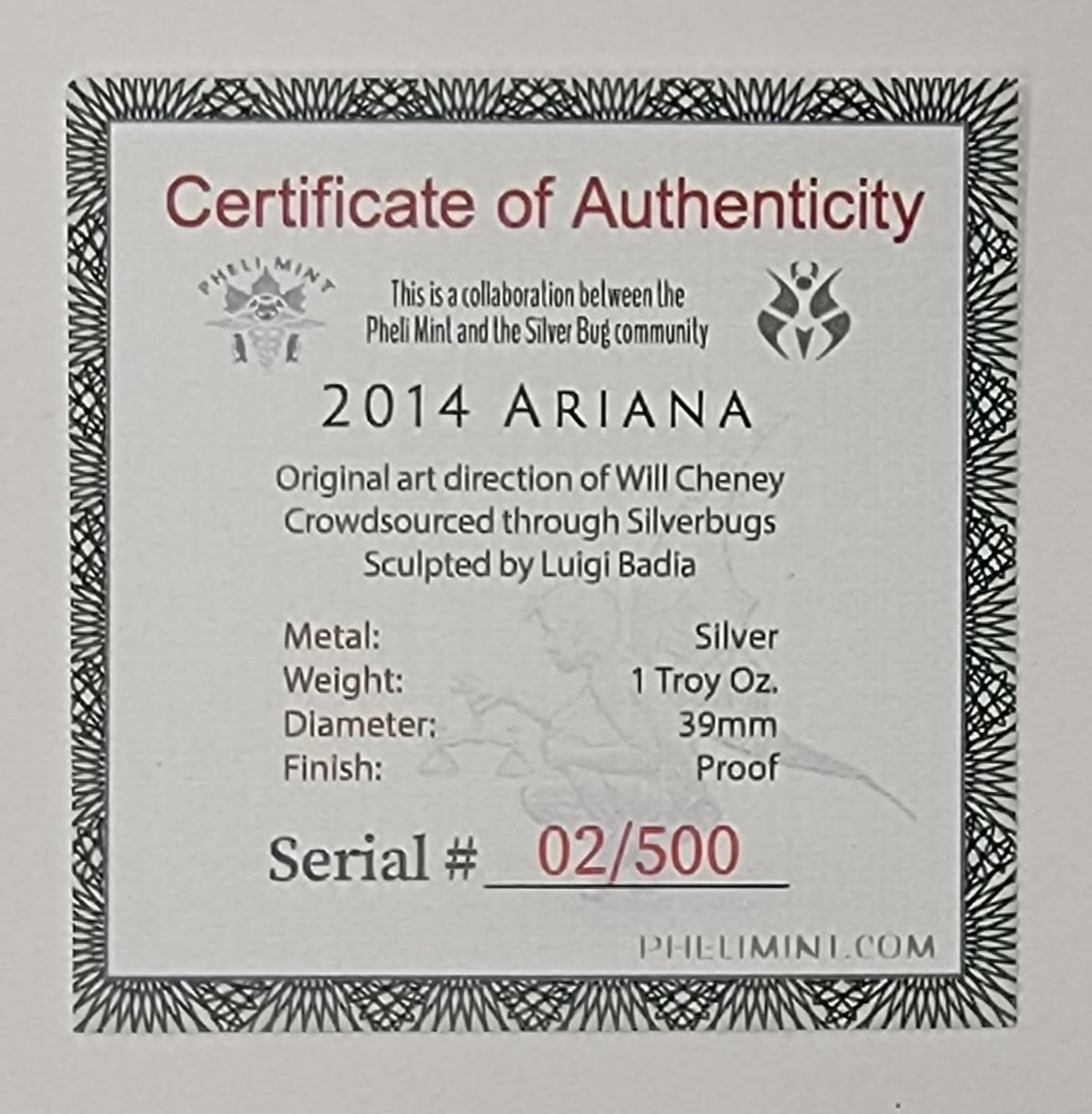 2014 Ariana Commemorative Silver Round, Proof Finish by Pheli Mint, 1oz .999 Fine Silver