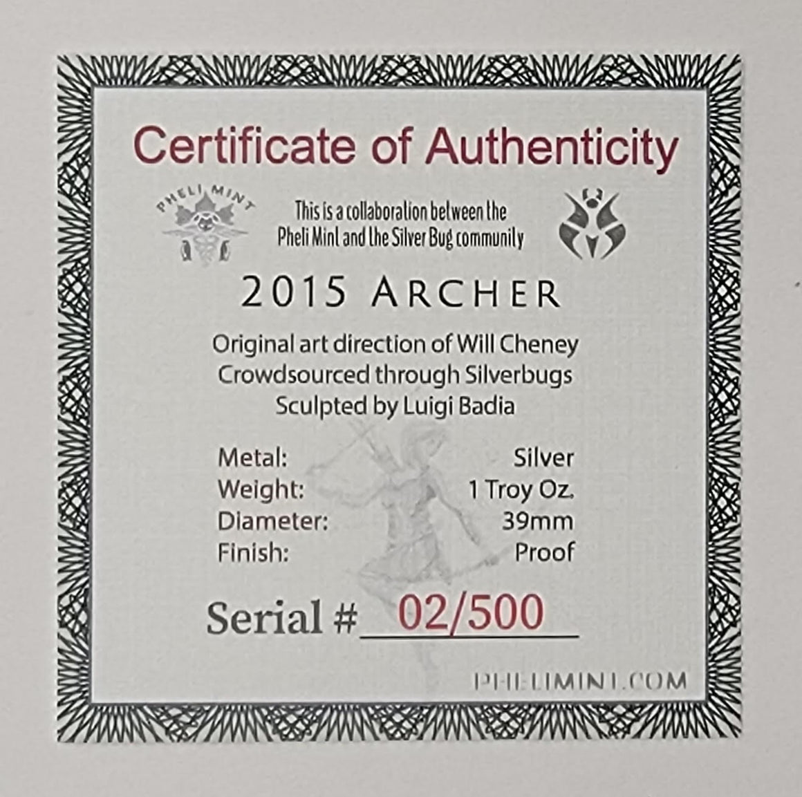 2015 Archer Commemorative Silver Round, Proof Finish by Pheli Mint, 1oz .999 Fine Silver