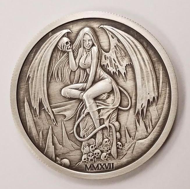 2017 Temptation of the Succubus - Antique Finish by Pheli Mint, 2oz .999 Fine Silver Round