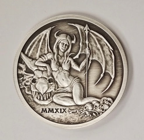 2019 Temptation of the Succubus - Antique Finish by Pheli Mint, 2oz .999 Fine Silver Round