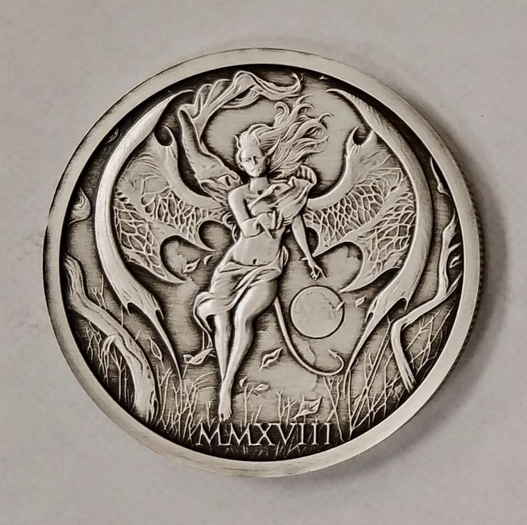 2018 Temptation of the Succubus - Antique Finish by Pheli Mint, 2oz .999 Fine Silver Round