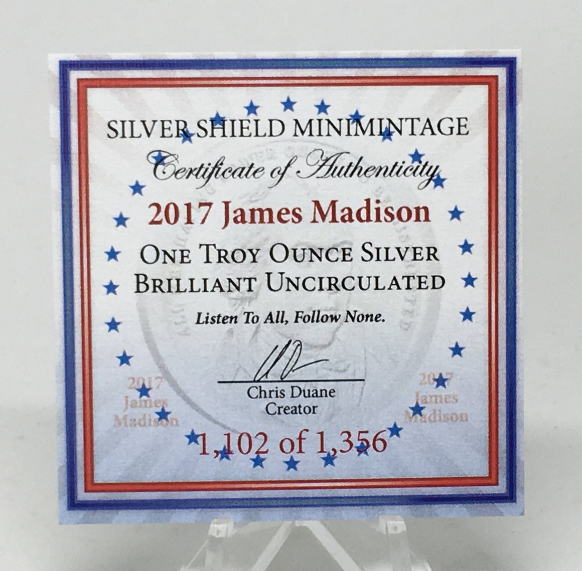2017 James Madison by Silver Shield, Mini Mintage - BU 1 oz .999 Silver Round