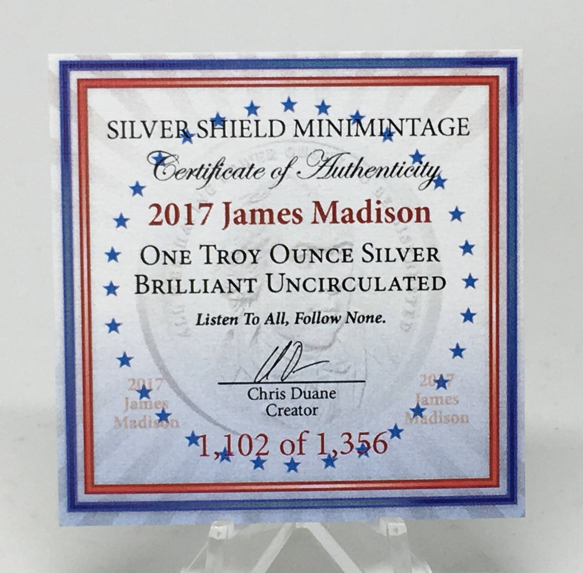 2017 James Madison by Silver Shield, Mini Mintage - BU 1 oz .999 Silver Round