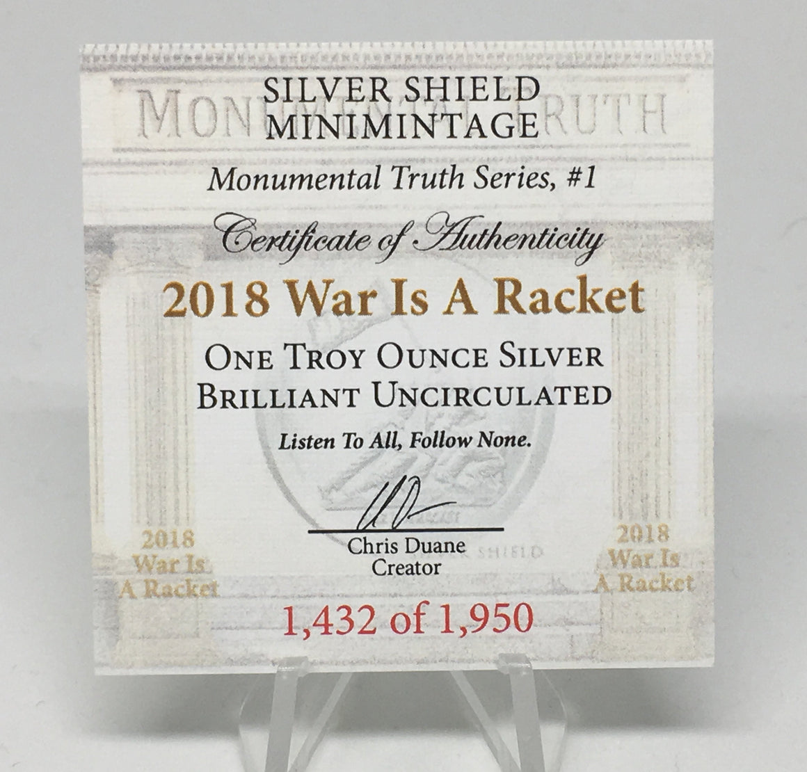 2018 War is Racket by Silver Shield, Mini Mintage - BU 1 oz .999 Silver Round