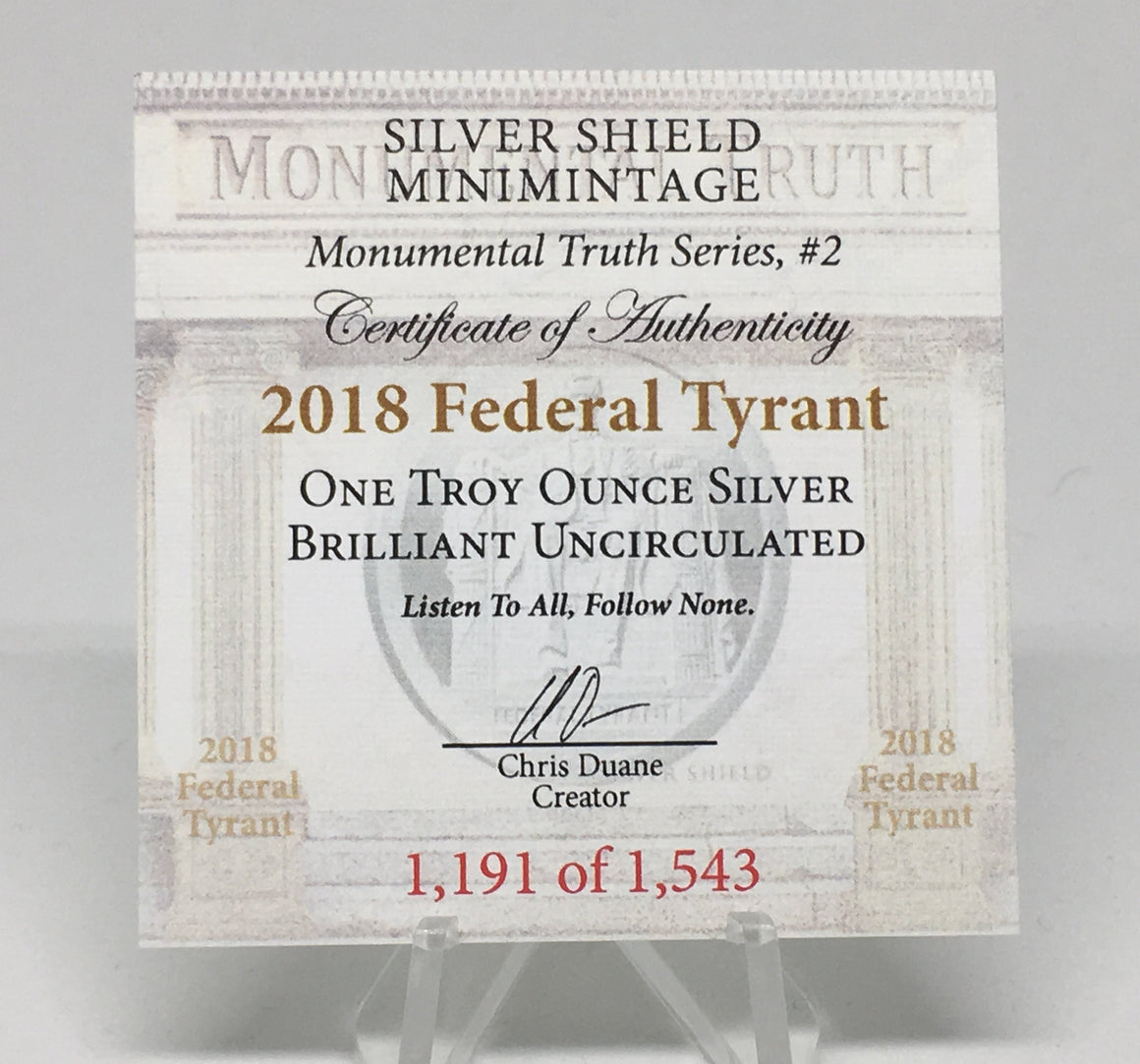 2018 Federal Tyrant by Silver Shield, Mini Mintage - BU 1 oz .999 Silver Round