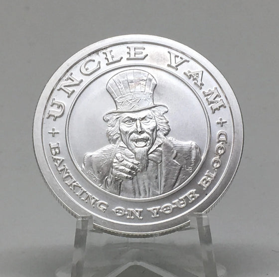 Toxic Series Too #8 Uncle Vam, BU Finish by Chautauqua Silver Works, 1oz .999 Silver Round.