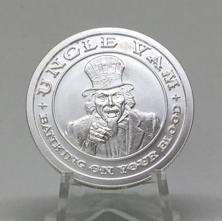 Toxic Series Too #8 Uncle Vam, BU Finish by Chautauqua Silver Works, 1oz .999 Silver Round.