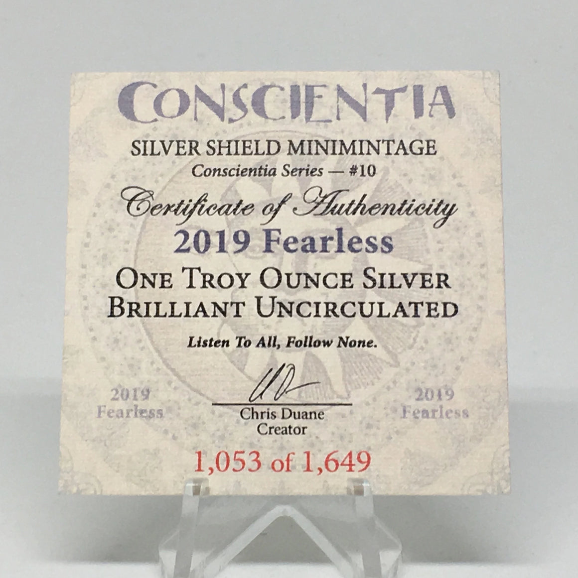 2019 Fearless by Silver Shield, Mini Mintage - BU 1 oz .999 Silver Round