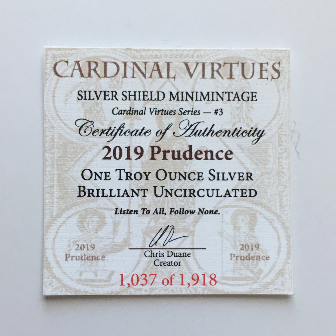 2019 Prudence by Silver Shield, Mini Mintage - BU 1 oz .999 Silver Round