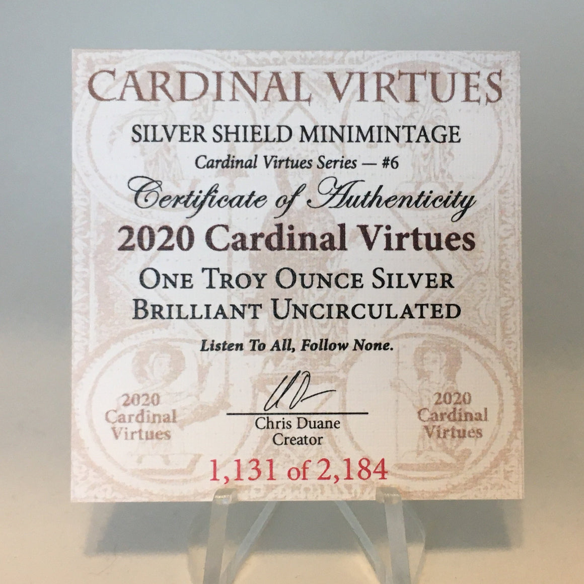 2020 Cardinal Virtues Mini Mintage by Silver Shield - BU 1 oz .999 Silver Round
