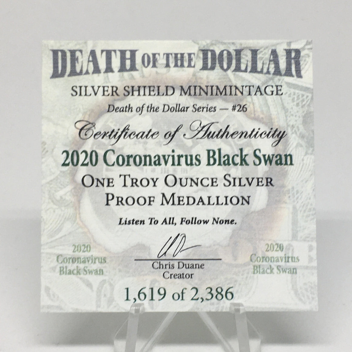 2020 Coronavirus Black Swan 1oz .999 Proof Silver Round by Silver Shield