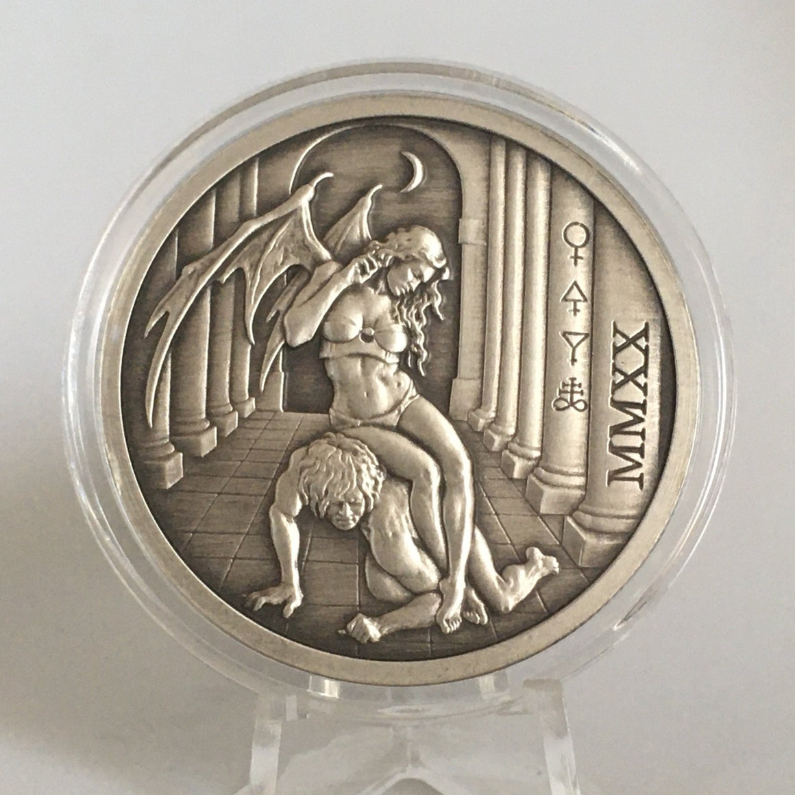 2020 Temptation of the Succubus - Antique Finish by Pheli Mint, 2oz .999 Fine Silver Round