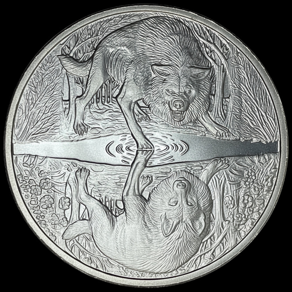 Two Wolves by Pheli Mint., 1oz .999 Fine Silver BU Round