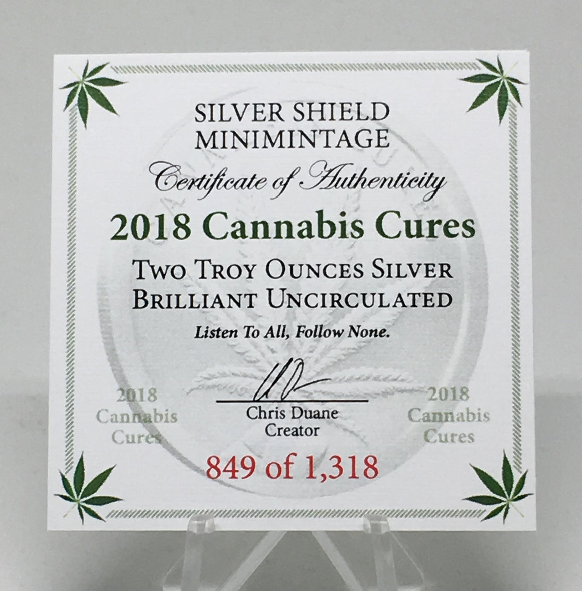 2018 Cannabis Cures by Silver Shield, Mini Mintage - BU 2 oz .999 Silver Round