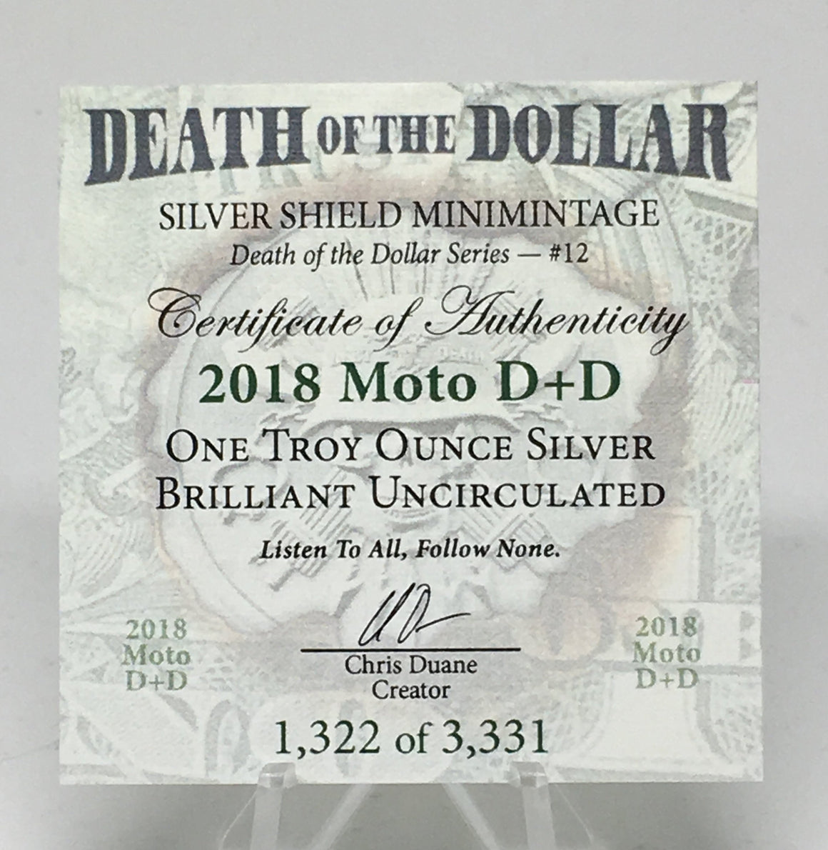 2018 Moto D+D by Silver Shield, Mini Mintage - BU 1 oz .999 Silver Round