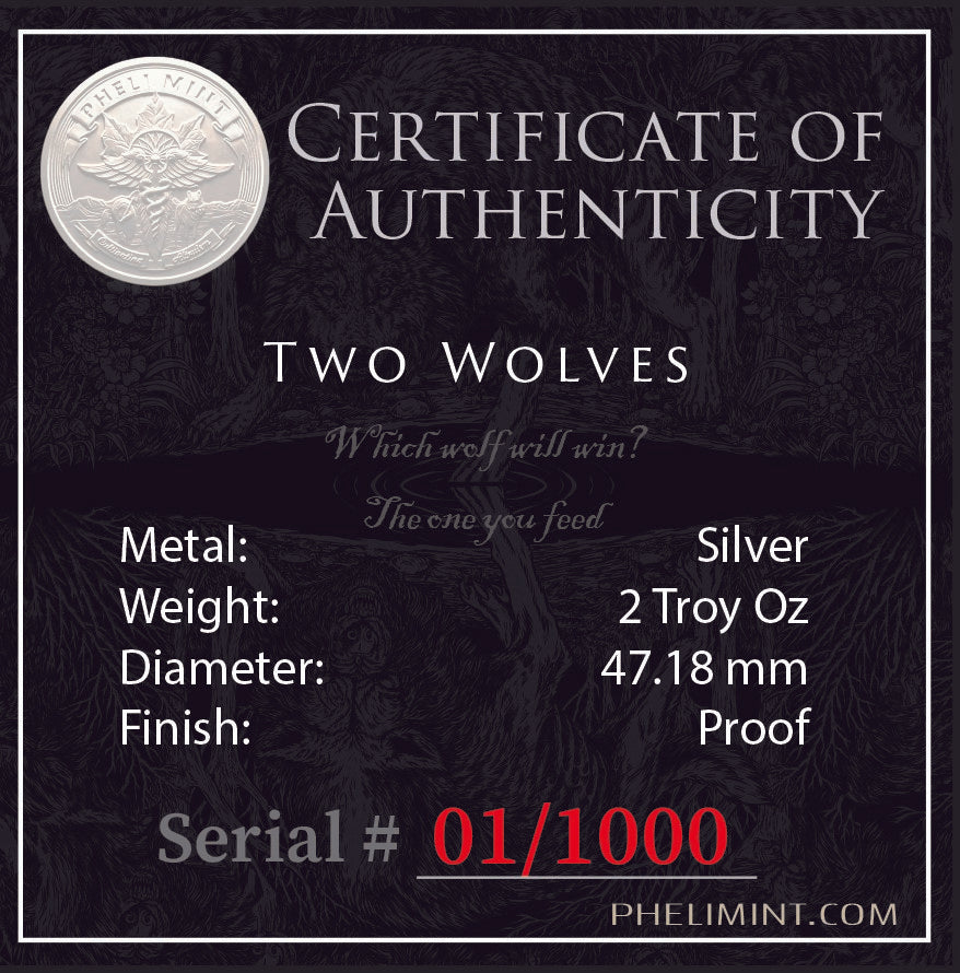 Two Wolves by Pheli Mint., 2oz .999 Fine Silver Proof Round