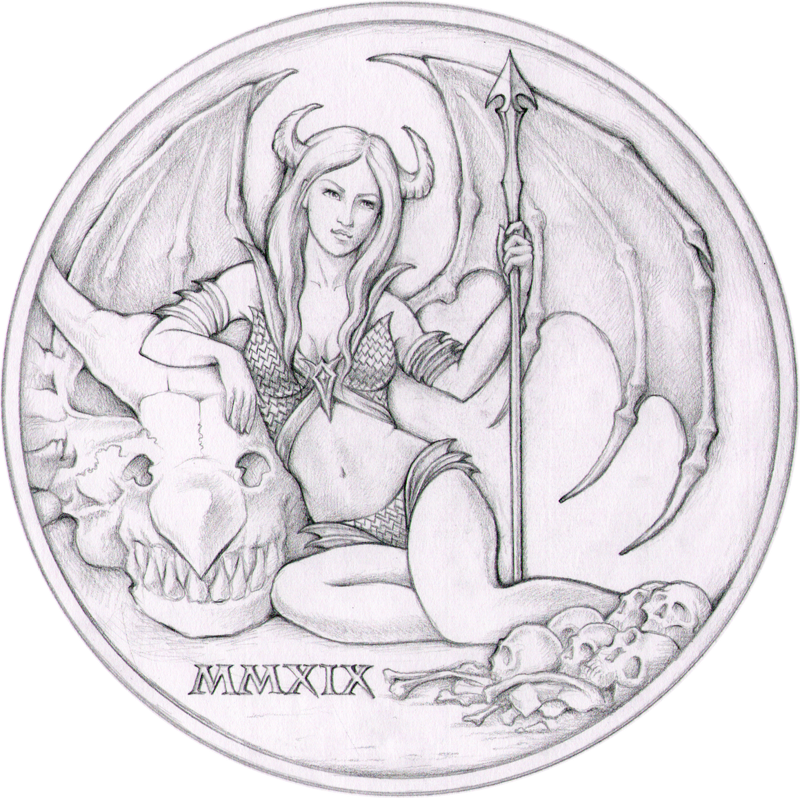 2019 Temptation of the Succubus - Antique Finish by Pheli Mint, 2oz .999 Fine Silver Round