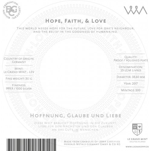 Hope, Faith, Love by Le Grand Mint, 1oz 0.9999 Fine Silver