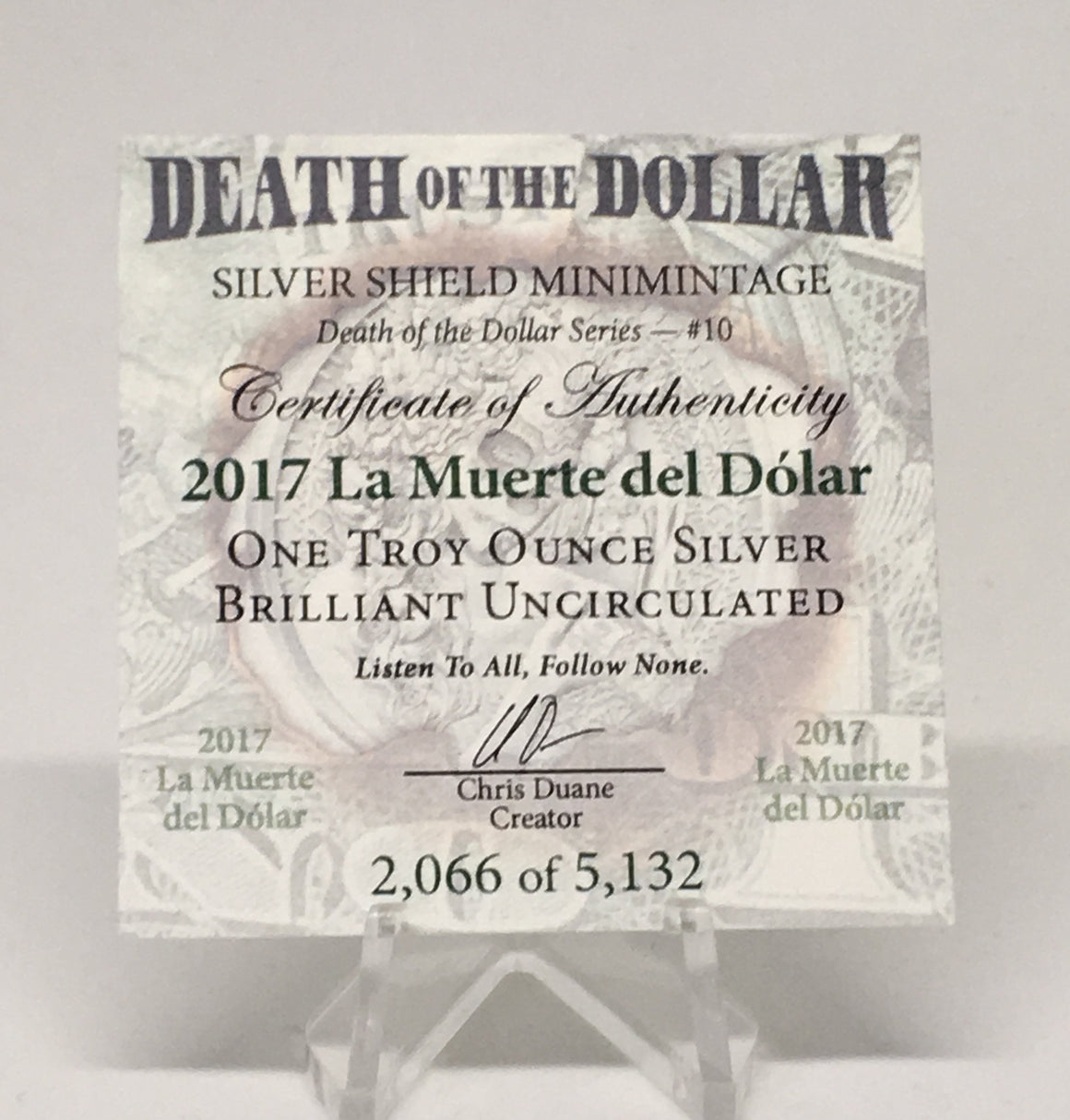 La Muerte del Dolar by Silver Shield, Mini Mintage - BU 1 oz .999 Silver Round