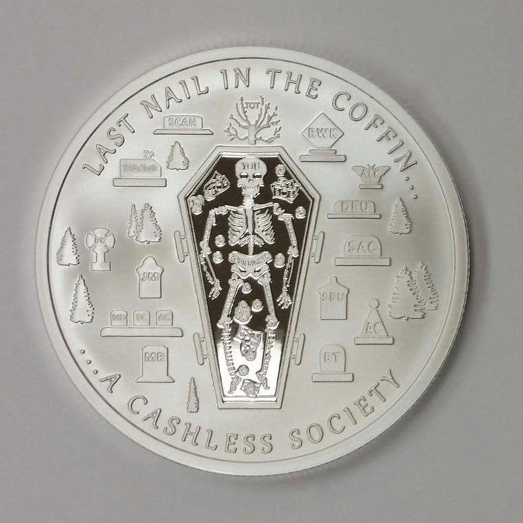 Last Nail in the Coffin, Toxic Series. BU Finish by Chautauqua Silver Works, 1oz .999 Silver Round.