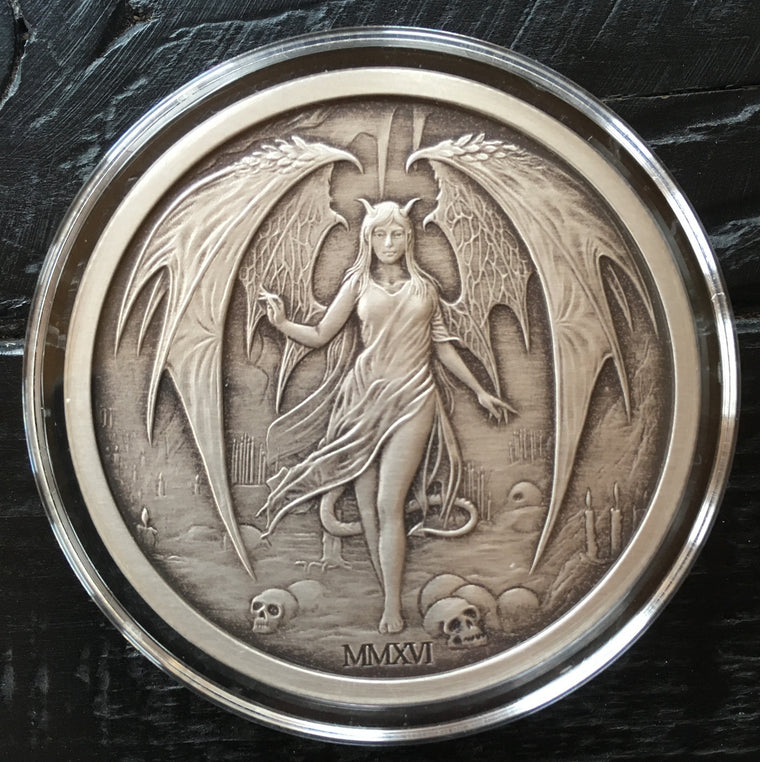 2016 Temptation of the Succubus - Antique Finish by Pheli Mint, 2oz .999 Fine Silver Round